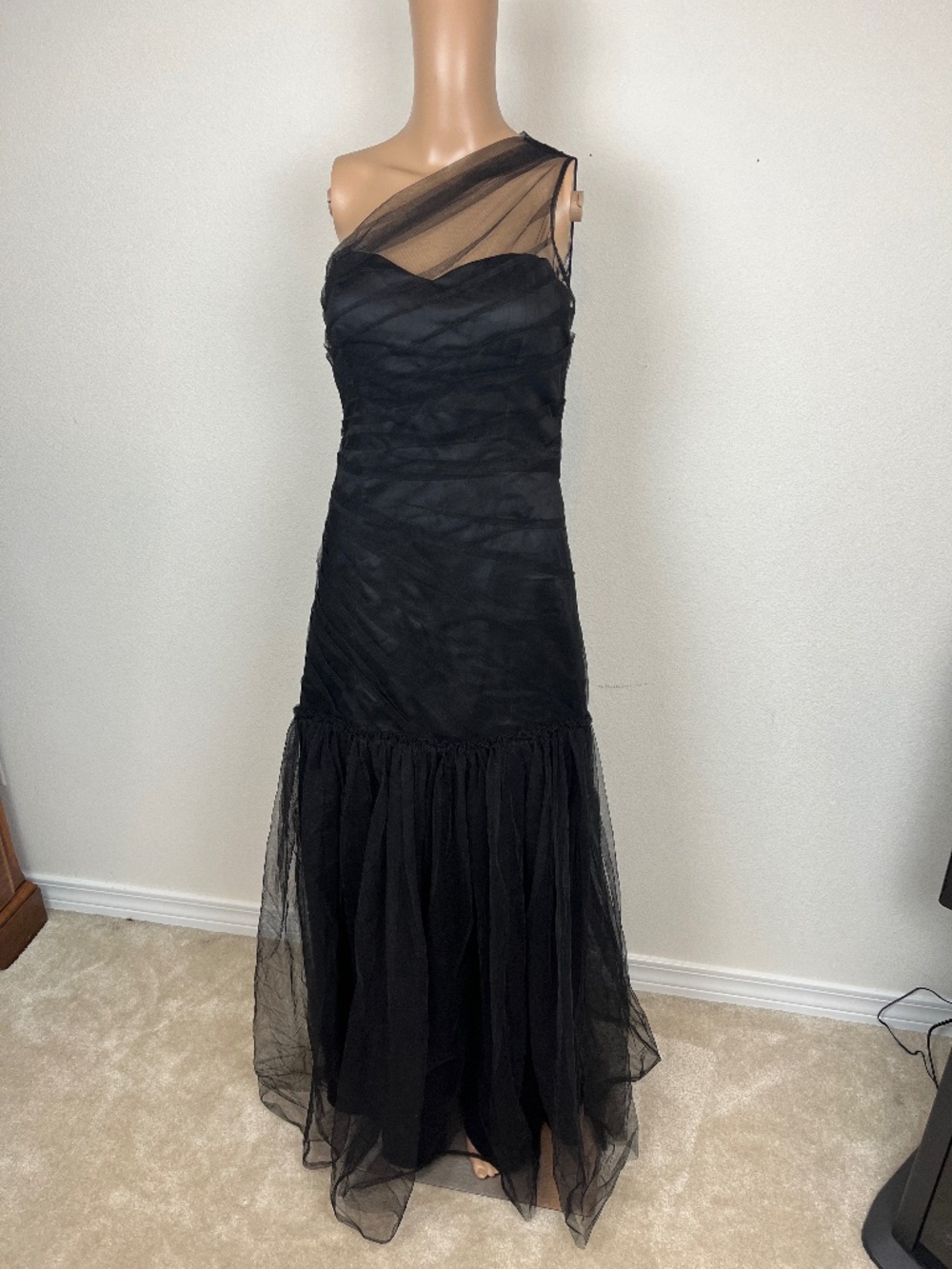 Max and Cleo Black Maxi Long Tulle Dress, One Shoulder, Size 4